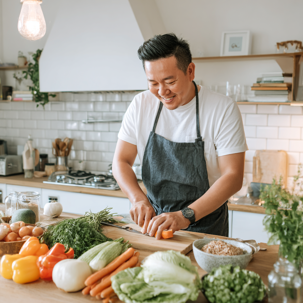 Счастливые взрослые люди казахской национальности готовят здоровую пищу на современной кухне, улыбаются и наслаждаются процессом приготовления питательных блюд