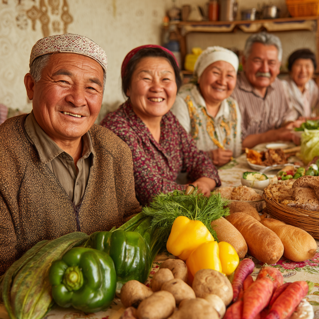 Пожилые люди казахской национальности от 55 до 70 лет занимаются приготовлением здоровых блюд из свежих овощей, улыбаются и выглядят бодрыми и активными